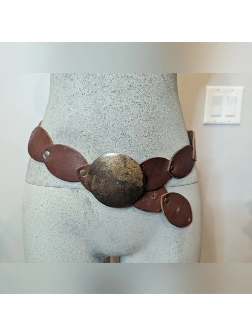 Vintage Leather disk rivet belt with brass metal buckle boho western 39.5